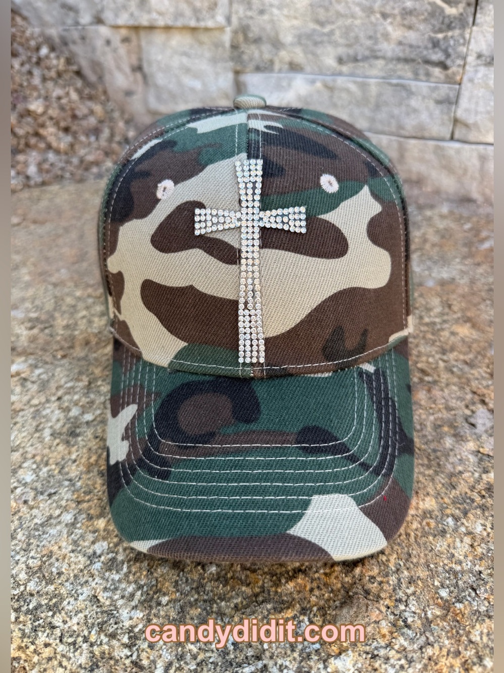 NWT Handmade Camo Rhinestone Cross Baseball Cap - Green Brown